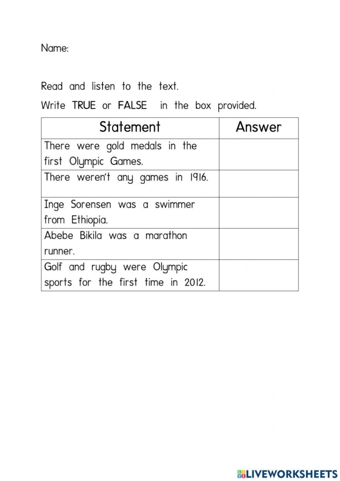 First Grade Olympic Timeline worksheet featuring key historical moments and fractions