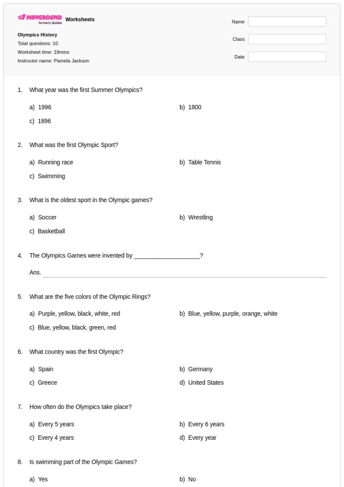 First Grade Olympic Timeline worksheet showing key historical events with fractions