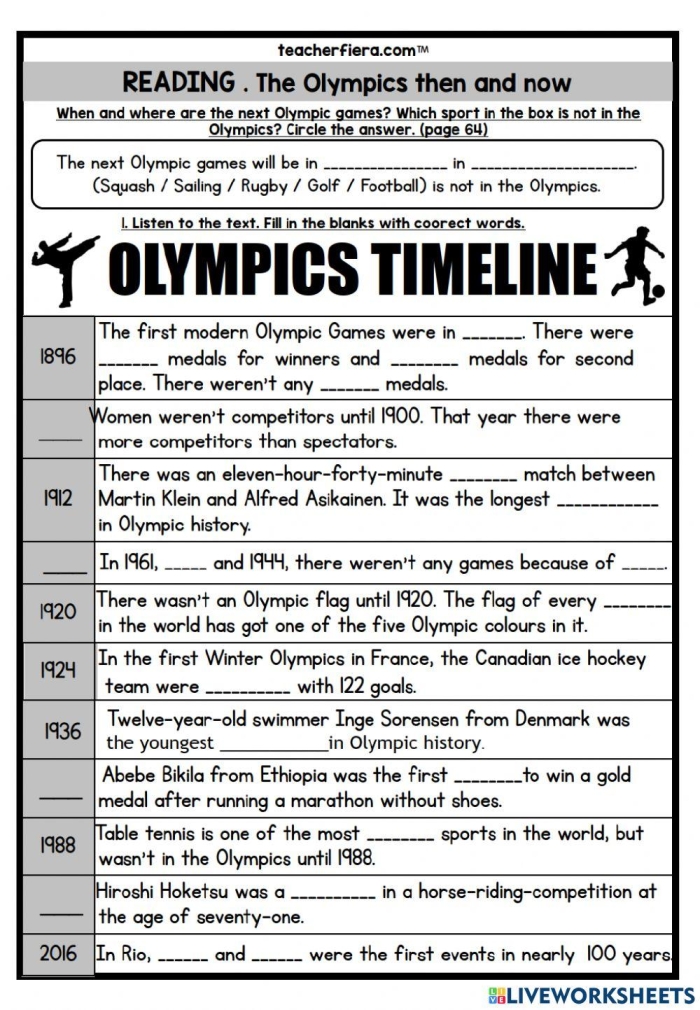 First Grade Olympic Timeline worksheet featuring key historical moments and fractions activities