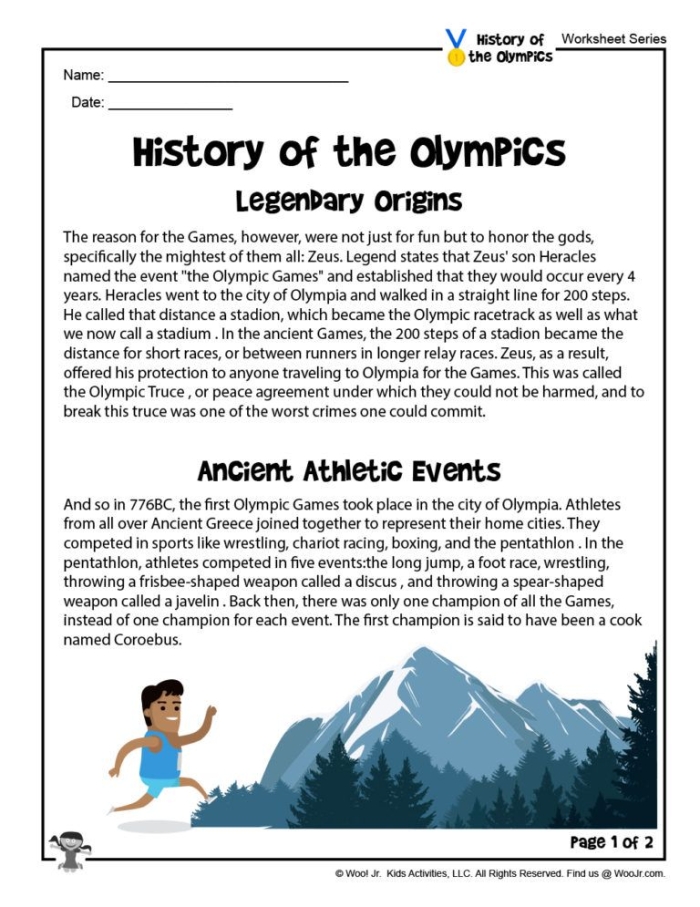 First Grade Olympic Timeline worksheet featuring key historical moments in fractions