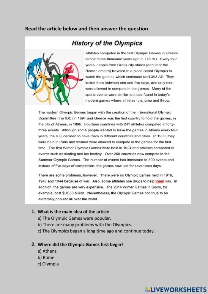 First Grade Olympic Timeline worksheet focusing on key historical moments in fractions