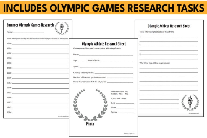 First Grade Olympic Timeline worksheet featuring key historical events and fractions activities