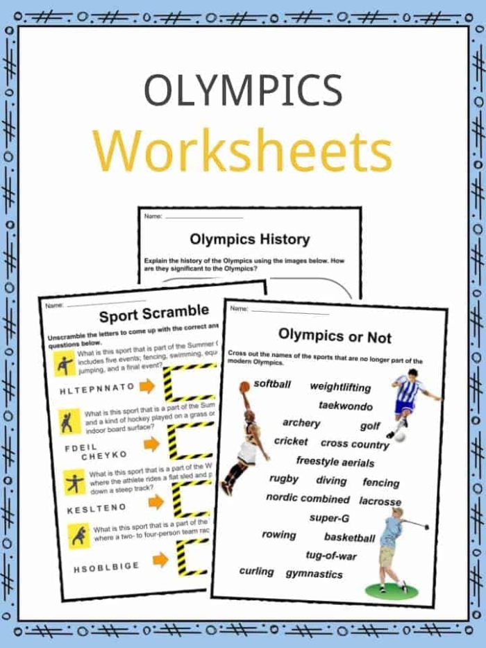 First Grade Olympic Timeline worksheet featuring key historic moments with fraction exercises