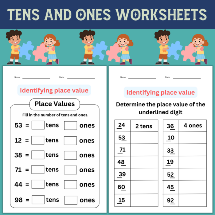 Interactive math exercise designed to enhance understanding of place value concepts Worksheet for first graders focused on reading place value for ones and tens
