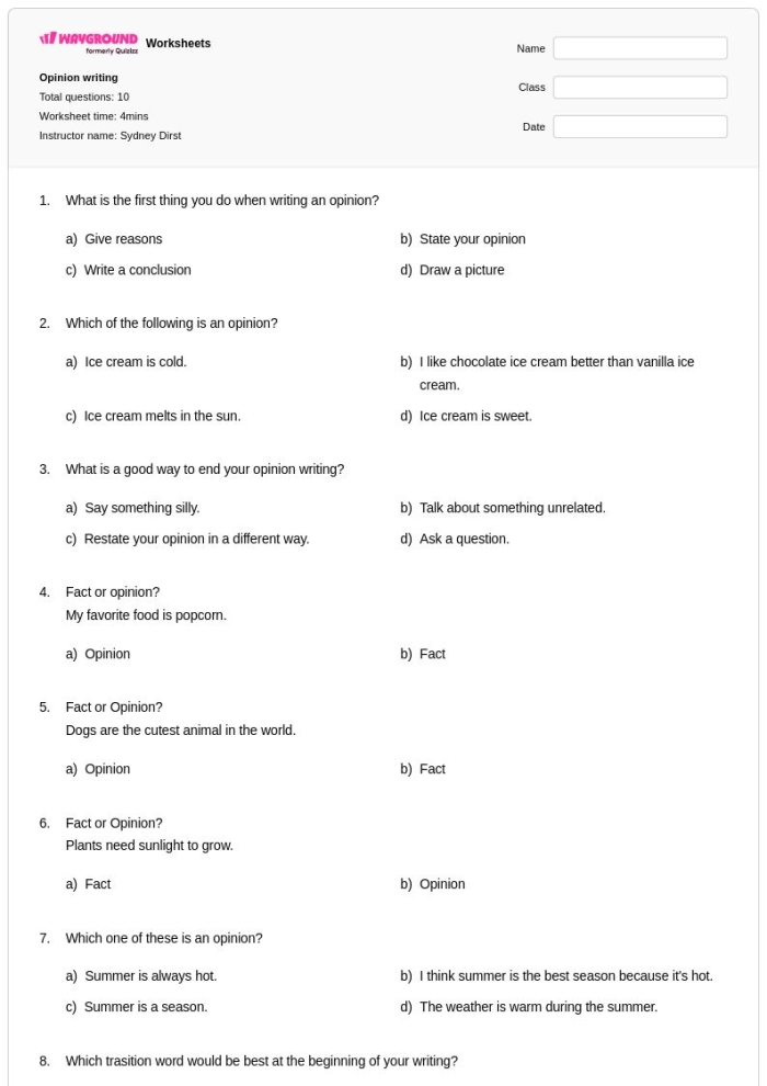 Castle or Farm opinion writing practice for first graders worksheet number sixteen First grade opinion writing worksheet featuring a choice between a castle and a farm as dream home locations