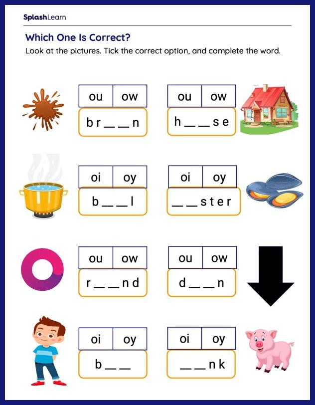 First grade students practicing ou diphthong words with decoding exercises on worksheet 12