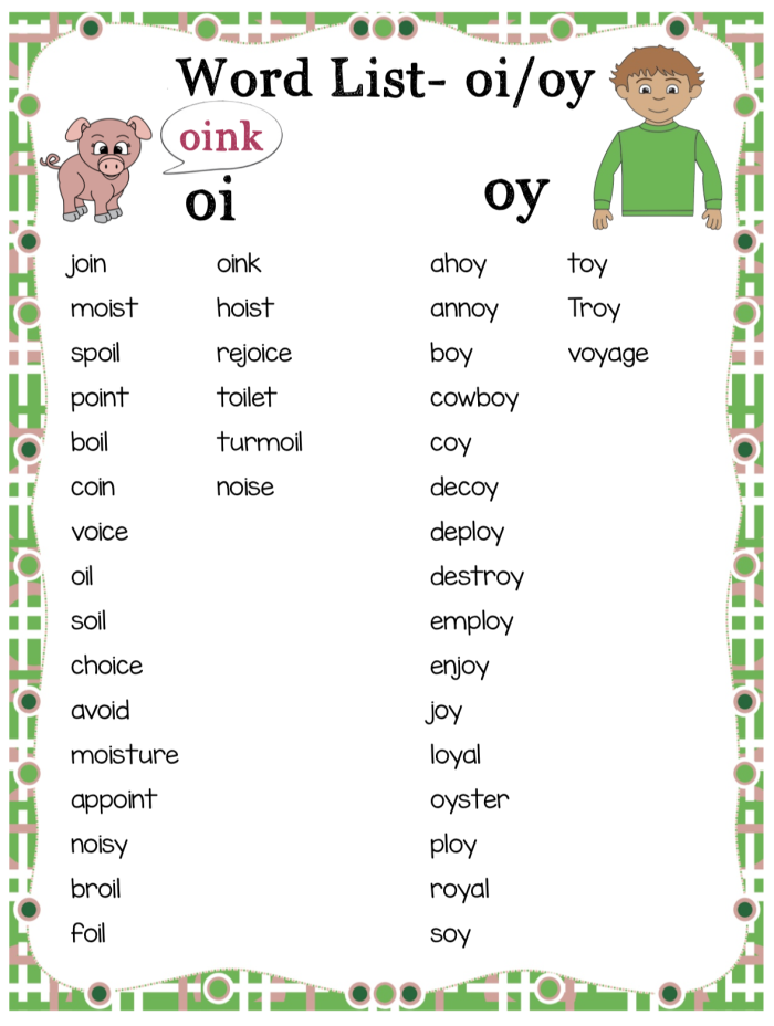 First grade worksheet showing words with ou diphthong sounds for reading practice and decoding activities