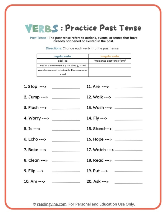 Worksheet 21 for Get into Grammar: Past Tense practice in multiplication category First Grade student practicing past tense verbs on a worksheet about grammar