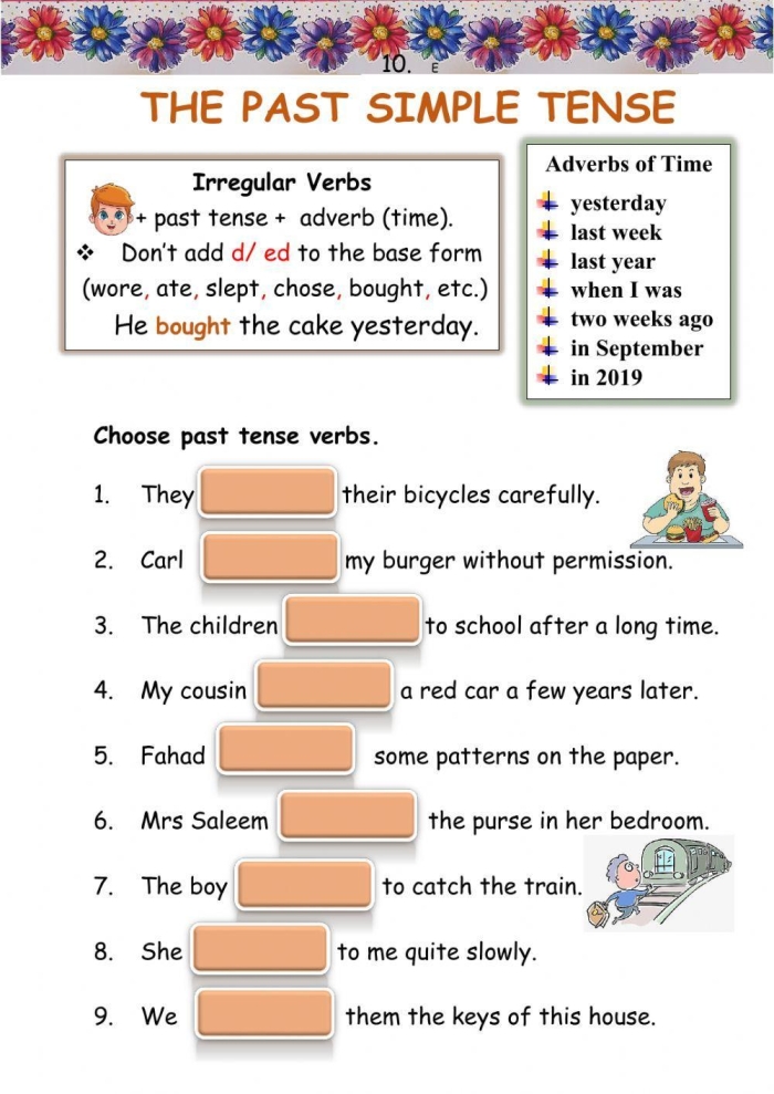 Worksheet for practicing past tense verbs in first grade multiplication category, image 16 First grade student completing a Get into Grammar worksheet focused on past tense verbs