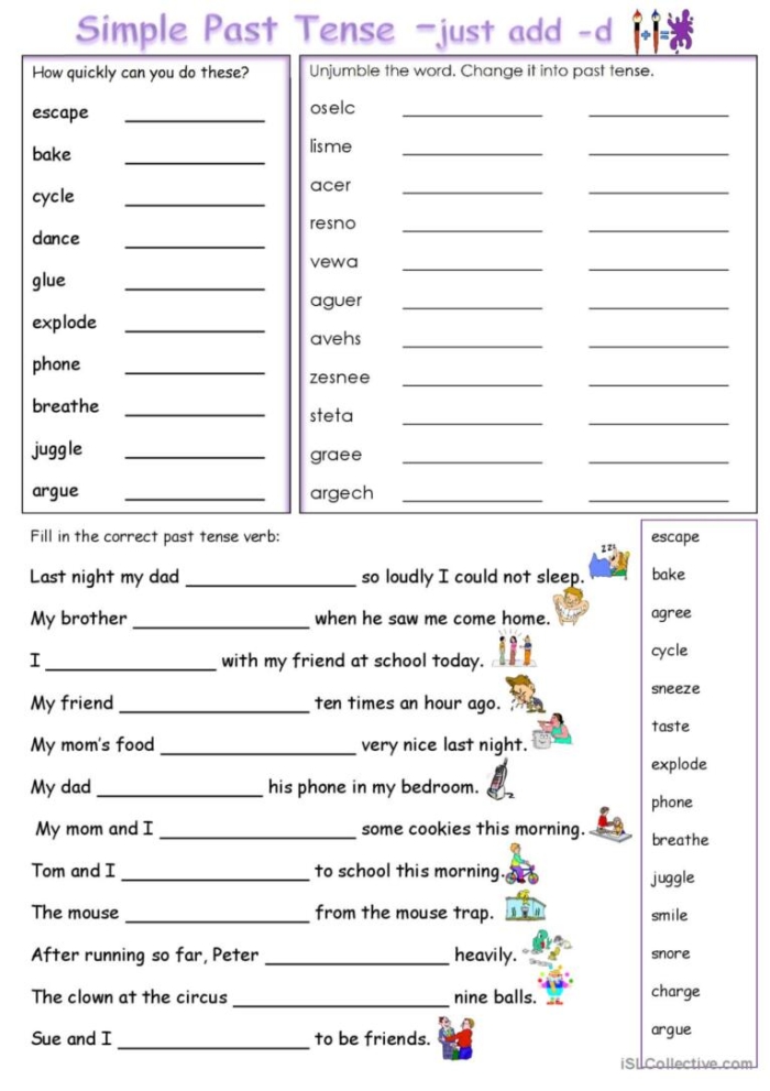 Worksheet 19 for first grade on past tense verbs from Get into Grammar series First grader practicing past tense verbs in a Get into Grammar worksheet focused on multiplication