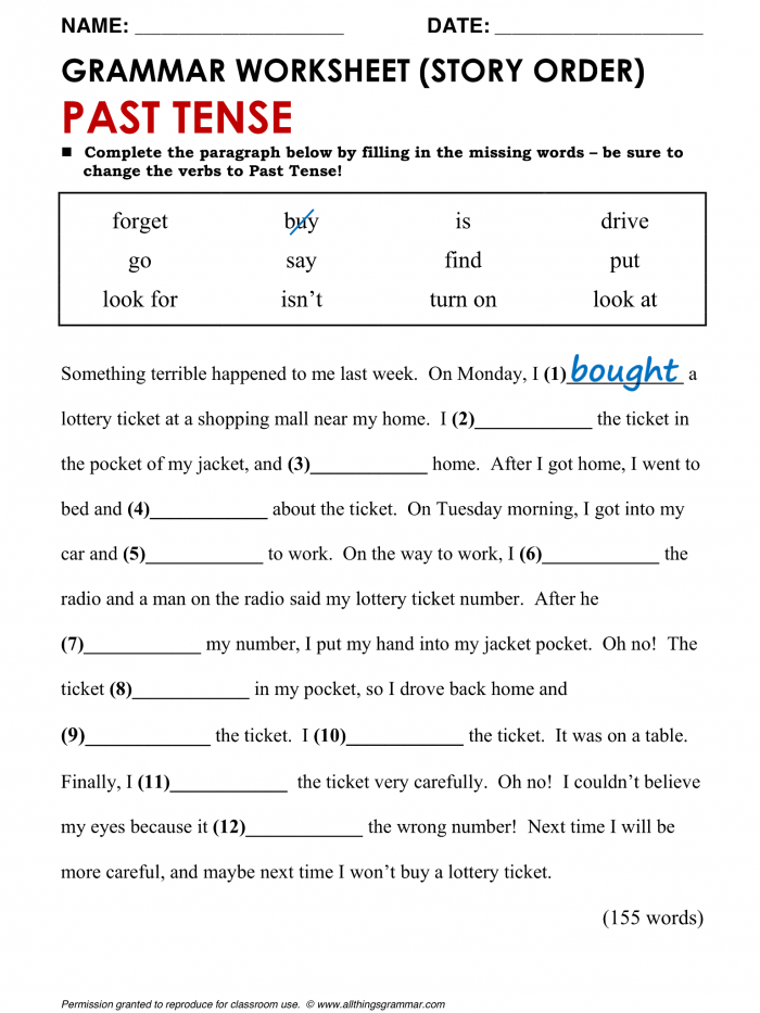 Worksheet 20 for first grade on converting sentences to past tense in grammar practice First grader practicing past tense verbs with a Get into Grammar worksheet focused on multiplication