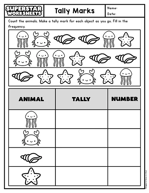 First Grade worksheet showing tally marks with colorful pet illustrations for data practice