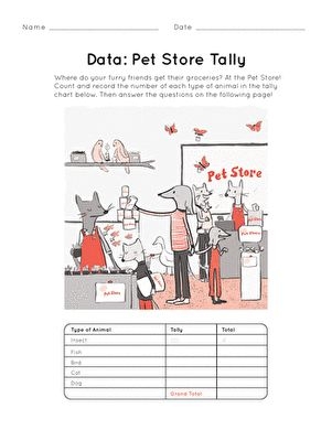 First Grade worksheet featuring adorable pet animals for tally practice in a history lesson