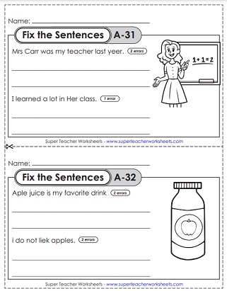 Fix the Sentences: Pets worksheet for young writers A worksheet for first graders to correct sentences about pets