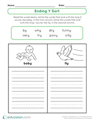 First Grade Ending Y Sort worksheet showing words sorted by final Y sound