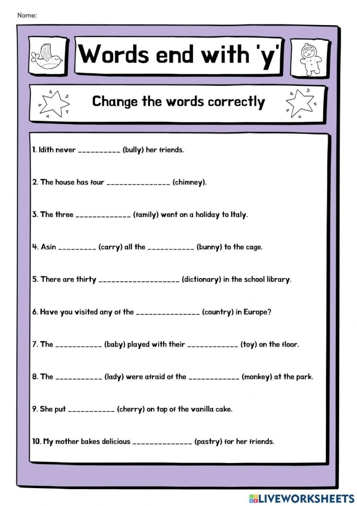 First Grade Ending Y Sort worksheet showing words with long E and long I sounds