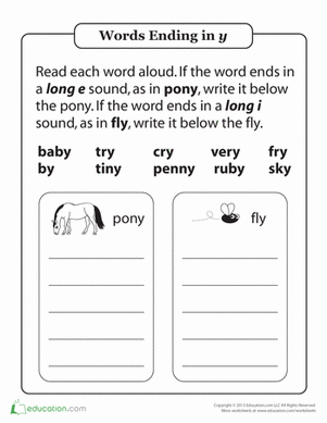 First Grade Ending Y Sort worksheet showing columns for long E and long I sounds