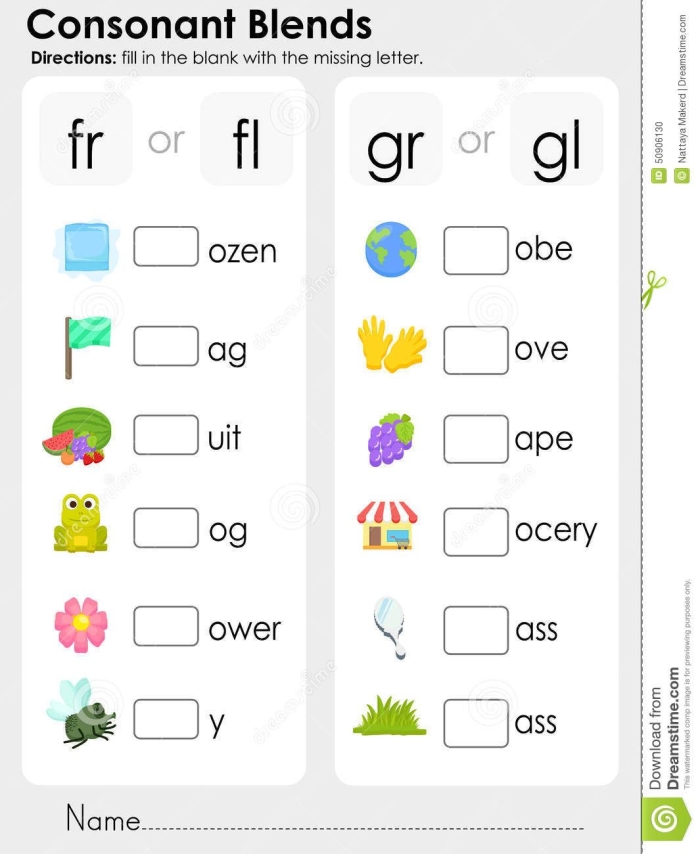 Phonics practice worksheet 19 for mastering beginning consonant blends in first grade First Grade phonics worksheet focusing on blending consonants from the subtraction category