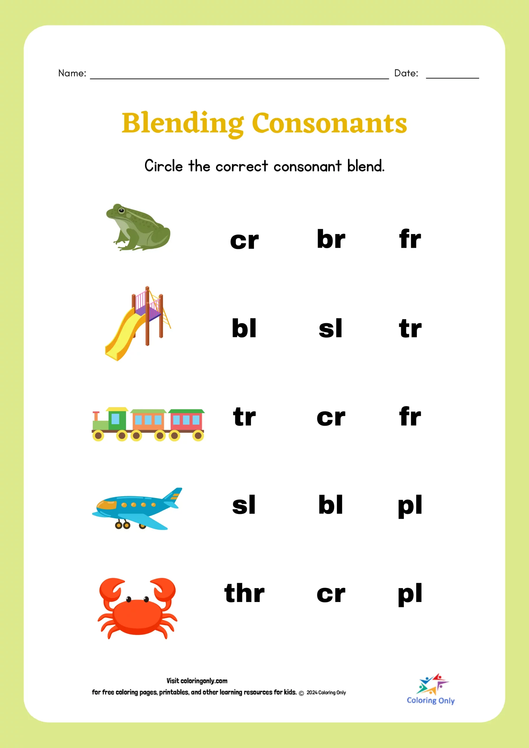 Blending Consonants worksheet number 8 for early learners in subtraction category First Grade phonics worksheet focused on blending consonants for subtraction practice