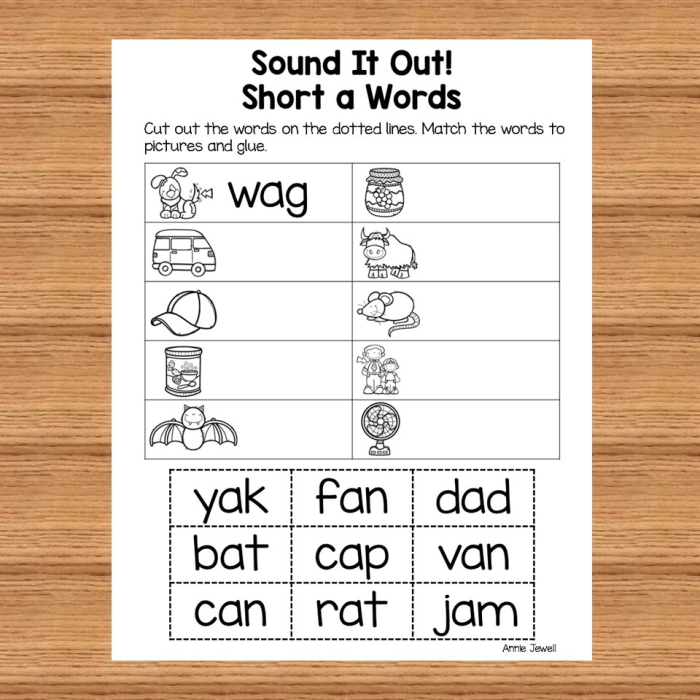 Worksheet for practicing short "A" vowel recognition and word creation First grade phonics worksheet featuring activities for identifying the short "A" vowel sound