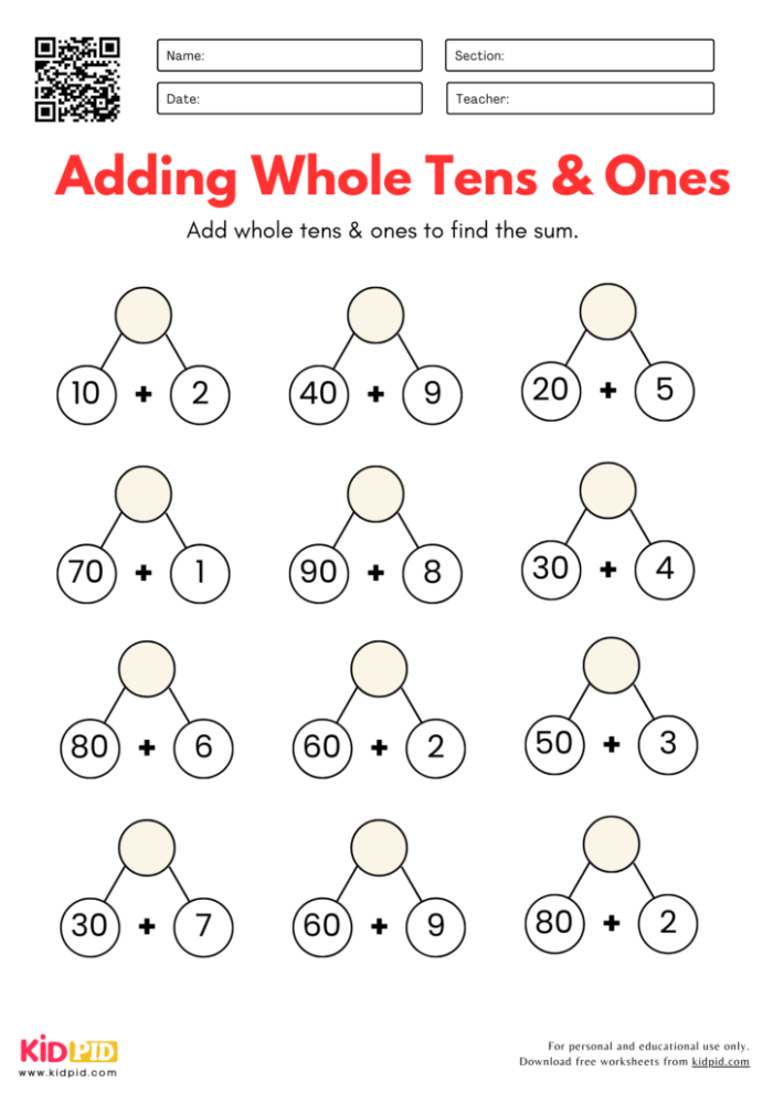 Worksheet for mastering place value by adding and subtracting 10 for first graders
