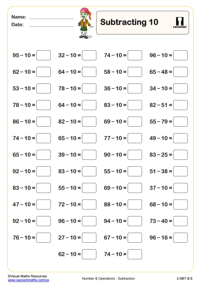 Worksheet for mastering place value through adding and subtracting 10 for first graders