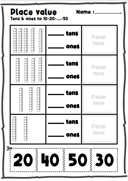 Worksheet for first graders on mastering place value by adding and subtracting 10