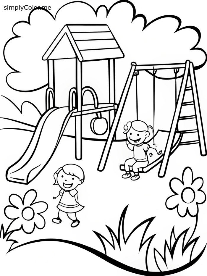Pop-Up Neighborhoods worksheet showing a colorful 1st grade park with swings, slides, and animals in trees