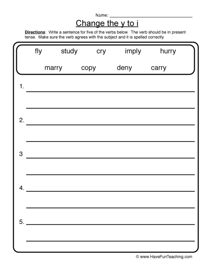Plural Y worksheet for first graders focusing on changing y to ies in plural nouns First grade worksheet practicing plurals of nouns ending in y with candy and kitty examples