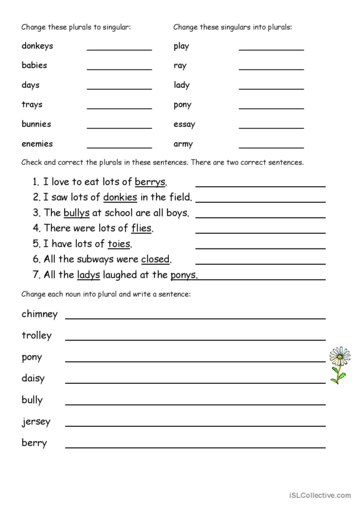Practice sheet for converting singular y nouns to plural forms in first grade First grade worksheet focused on forming plurals of nouns ending in y