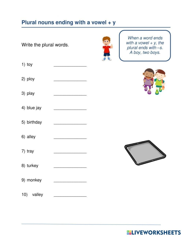 Practice turning singular nouns ending with y into plural forms worksheet for young learners First grade worksheet focusing on forming plurals of nouns ending in y like kitty and candy