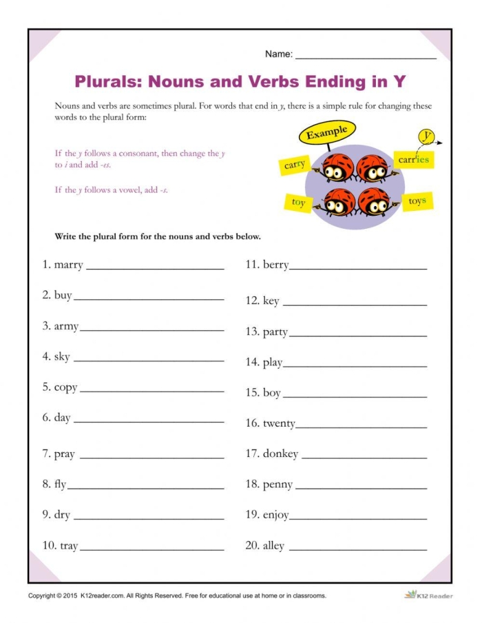 Plural Y worksheet for first grade grammar practice number 13 First grader practicing plural nouns ending in y on a worksheet