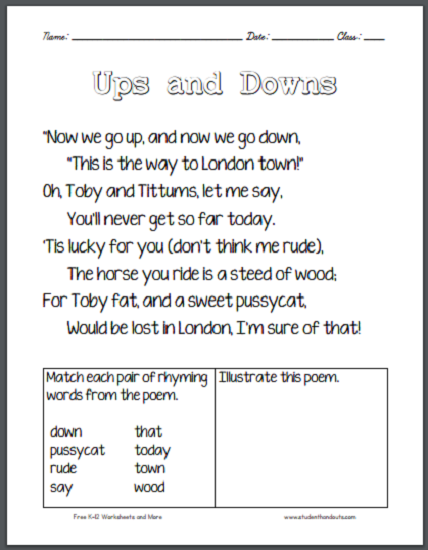 First Grade student working on the What's Up with This Poem worksheet analyzing poem structure