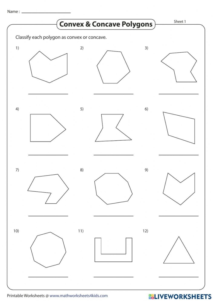 Identifying Polygons worksheet for young learners to color and classify shapes Worksheet featuring various shapes for identifying polygons in a first-grade geometry lesson