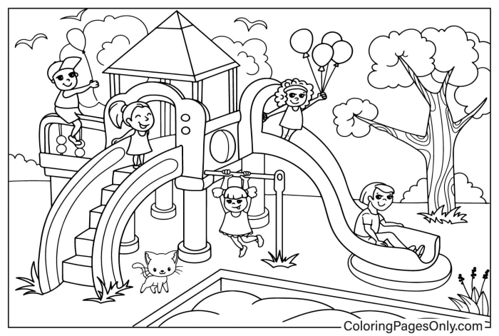 First grade kids creating a colorful pop-up park with swings, slides, and animals in trees in the Pop-Up Neighborhoods worksheet