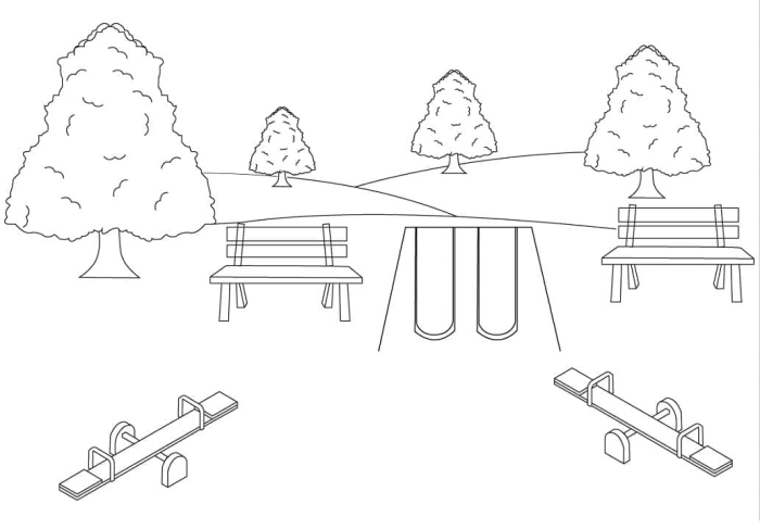 First grader creating a colorful pop-up park with swings, slides, and animal-filled trees from a printable worksheet