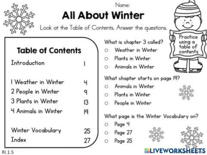 Alphabet worksheet for First Grade First grade worksheet featuring a sample table of contents and comprehension questions for kids. Exploring a Table of Contents worksheet for young learners to enhance their reading skills.