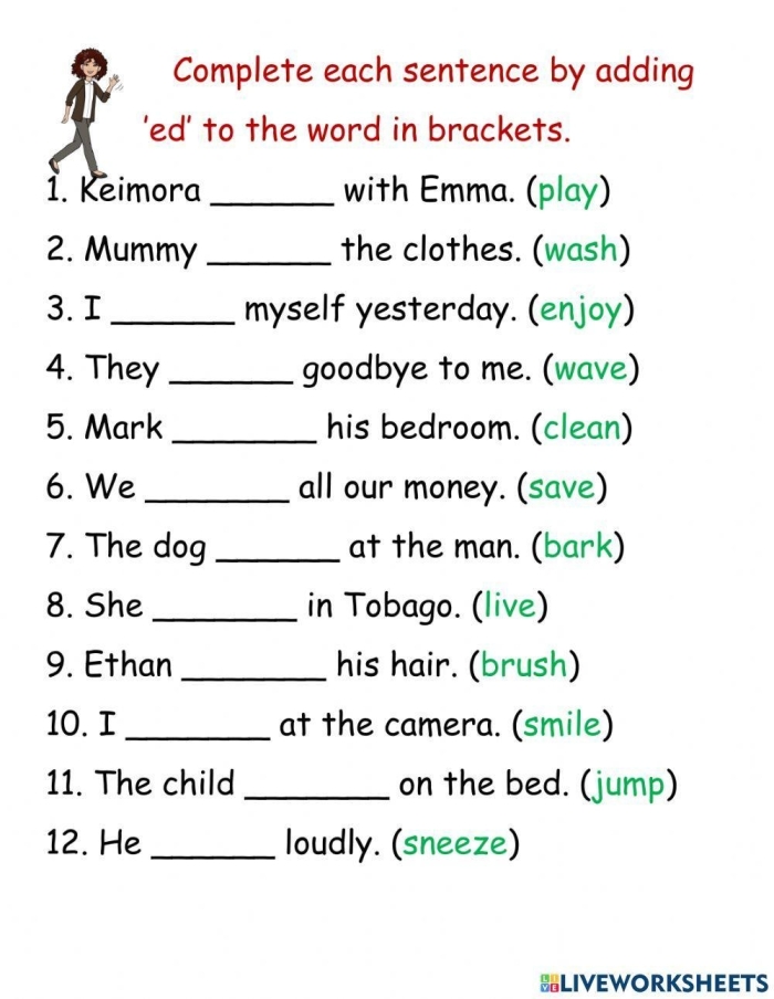 Interactive learning sheet for kids to write sentences using -ed words First Grade worksheet featuring words that end with "-ed" for reading practice