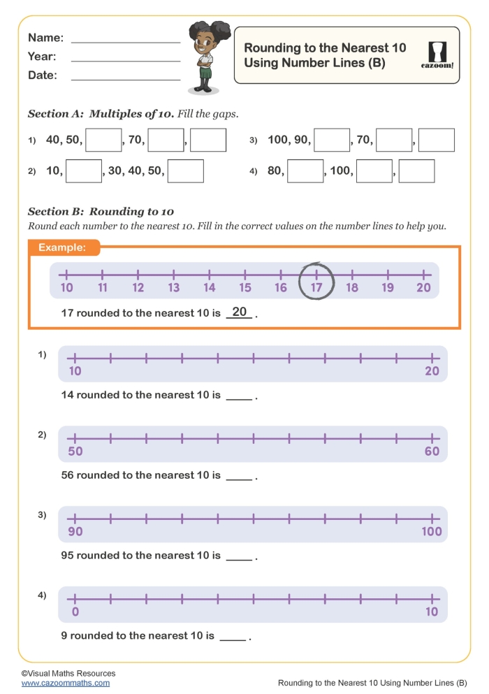 First grader completing a To the Ten: Rounding Numbers worksheet focused on addition