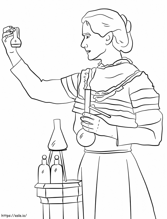 Marie Curie in her laboratory with scientific equipment for a first grade coloring activity