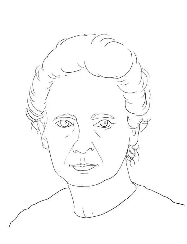 Marie Curie working in her laboratory, a black and white coloring page for first graders