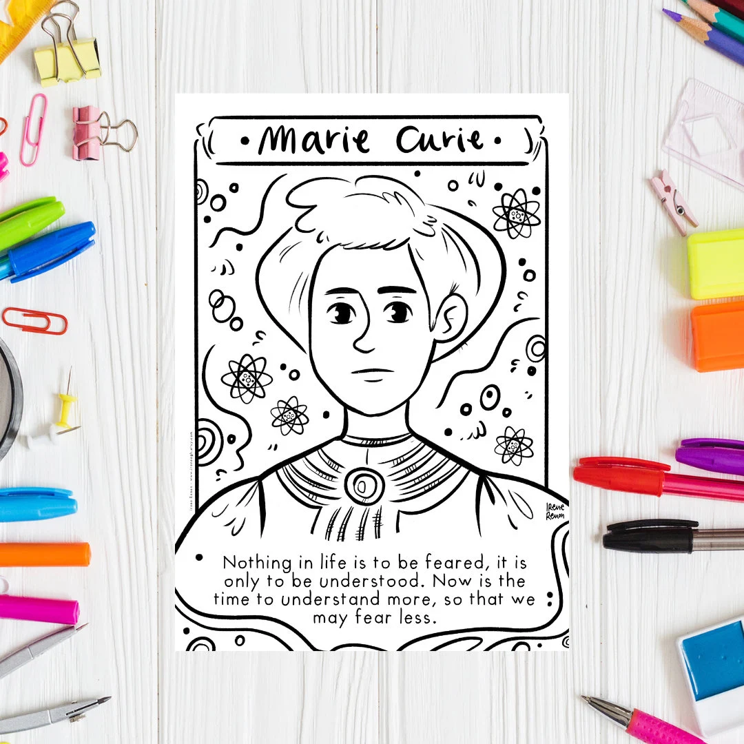 Marie Curie in her laboratory for a first grade sight words coloring worksheet