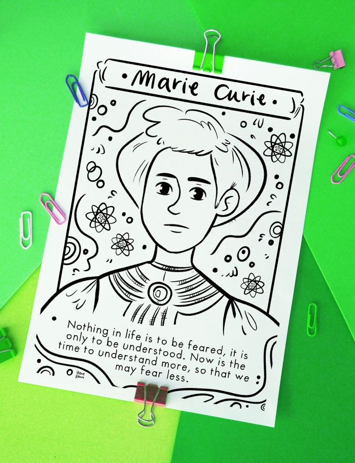 Marie Curie in her laboratory for a first grade sight words coloring worksheet