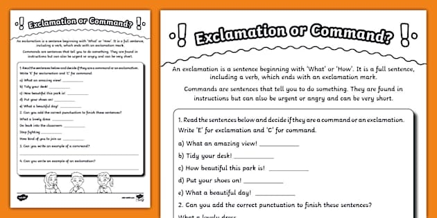 Colorful worksheet for first graders covering sentences: statements, questions, commands, and exclamations. Engaging handout designed to introduce young learners to sentence types.