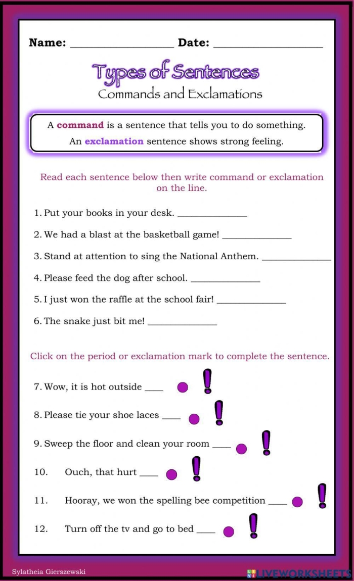 Colorful worksheet illustrating four types of sentences for first graders