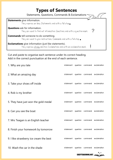Colorful worksheet illustrating the four types of sentences: statements, questions, commands, and exclamations. Engaging handout for first-grade students to learn about sentence structures.