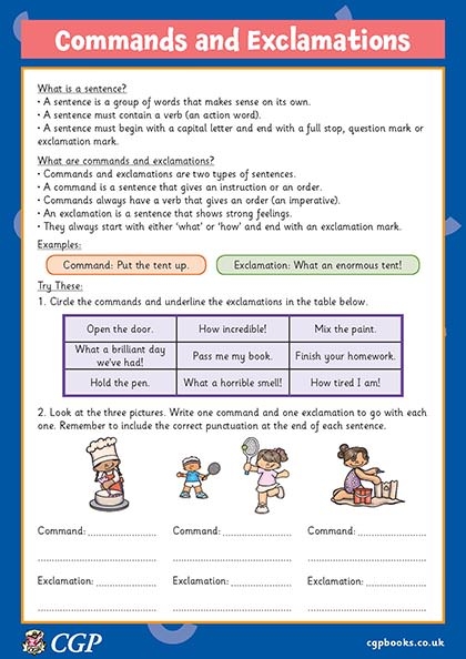 Colorful worksheet for first graders covering four sentence types: statements, questions, commands, and exclamations