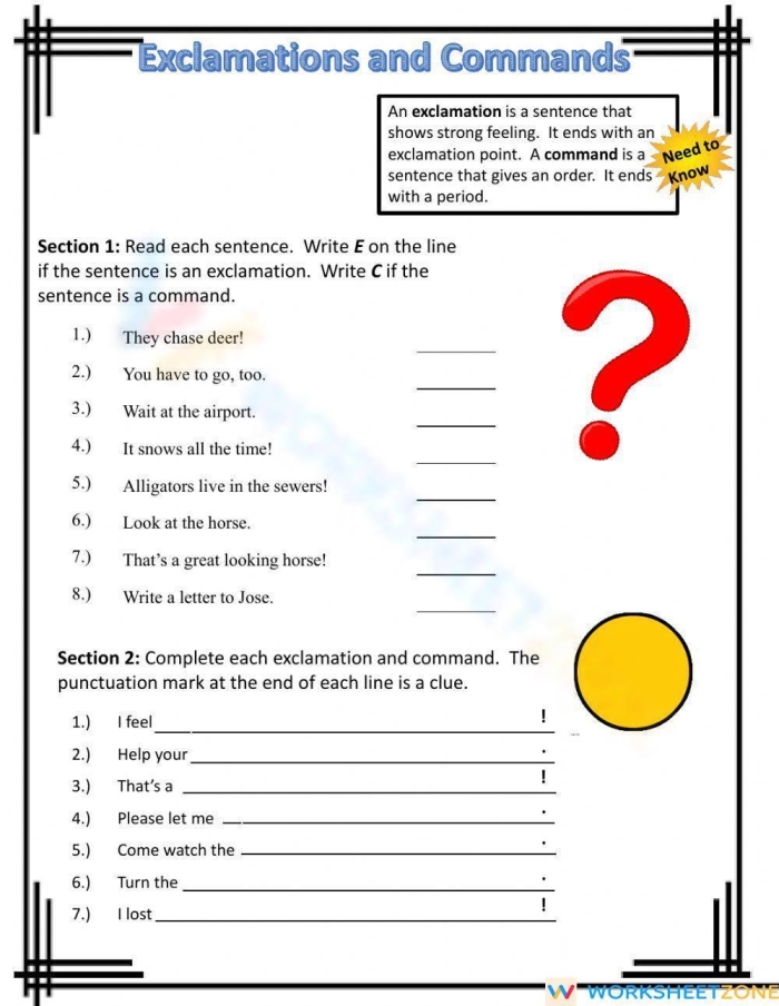 Colorful worksheet showcasing the four types of sentences: statements, questions, commands, and exclamations for first graders. Engaging handout for teaching sentence types in first and second grade.