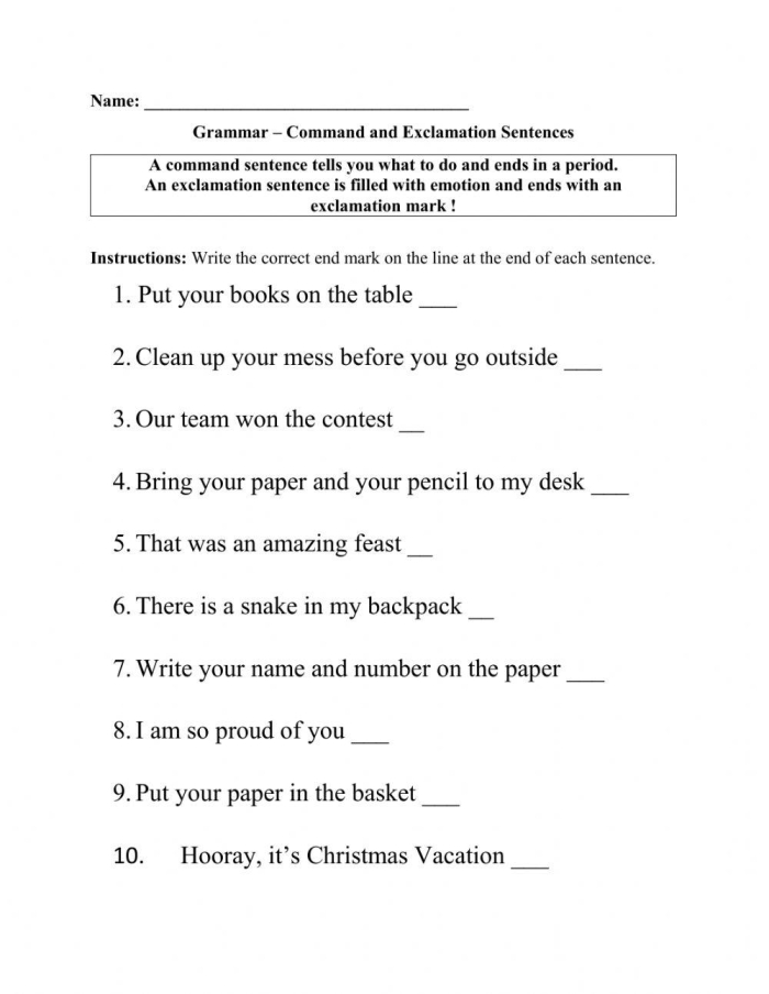 Colorful worksheet illustrating types of sentences: statements, questions, commands, and exclamations for first graders