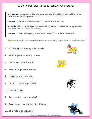 Colorful worksheet illustrating the four types of sentences: statements, questions, commands, and exclamations for first graders.